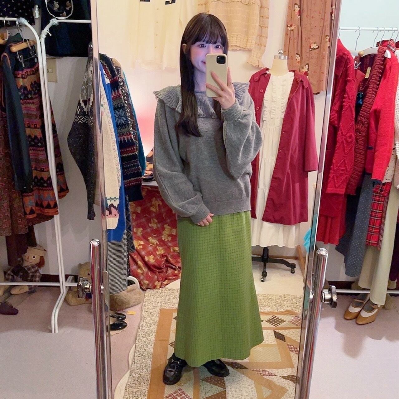 light green check long skirt
