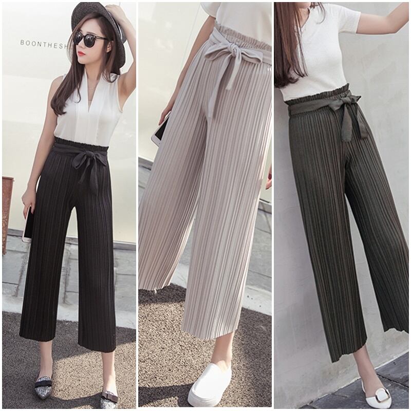 ウエストリボン付きプリーツガウチョパンツ