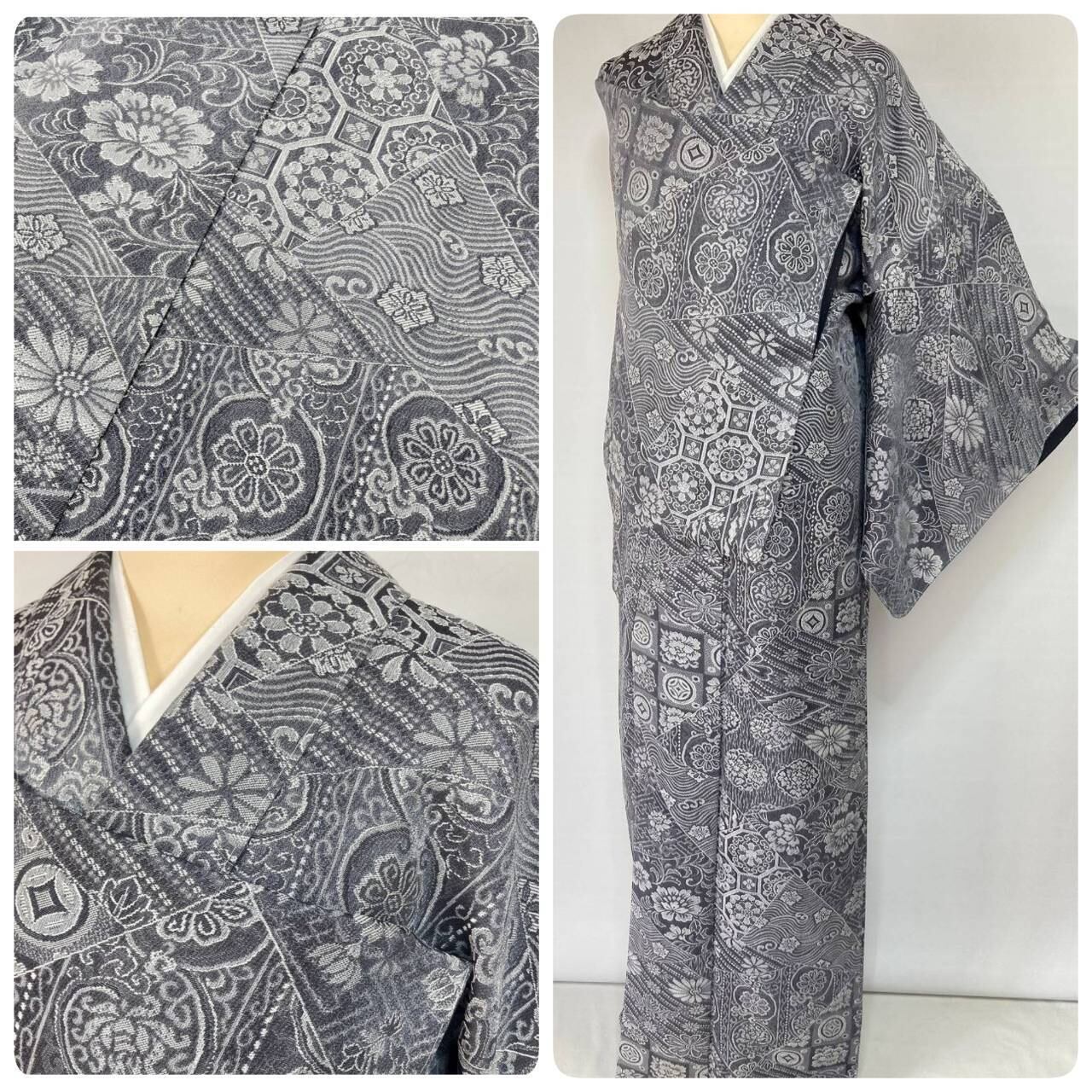 未使用 天目織 希少色 トールサイズ 御召 小紋 正絹 白 黒 グレー 1369 未使用 天目織 希少色 三松謹製 トールサイズ 御召 染織り 小紋 正絹