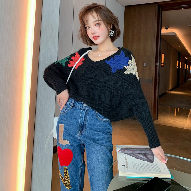 カラーパターンレースVネックルーズニットセーター オータム 秋物 ウィンター 冬物 MIUCO79350048079