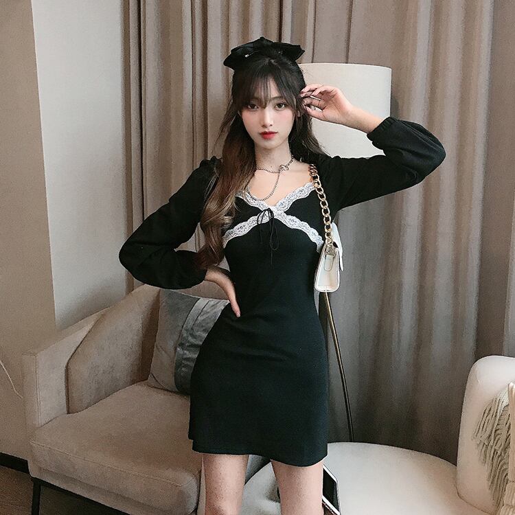 スタイルスタンダードレースドレス スプリングウェスト薄手Aラインブラックスカート レトロ 春物 ステッチ 1号婦人79173936005