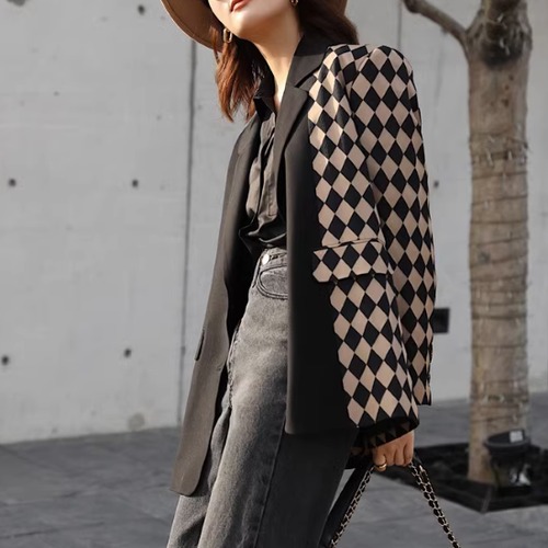 長袖ジャケット レディース アウター 羽織 ジャケット 襟あり スーツ襟 アシンメトリー 左右非対称 無地 チェック柄 スーツジャケット 個性的 おしゃれ カジュアル お出かけ クール かっこいい