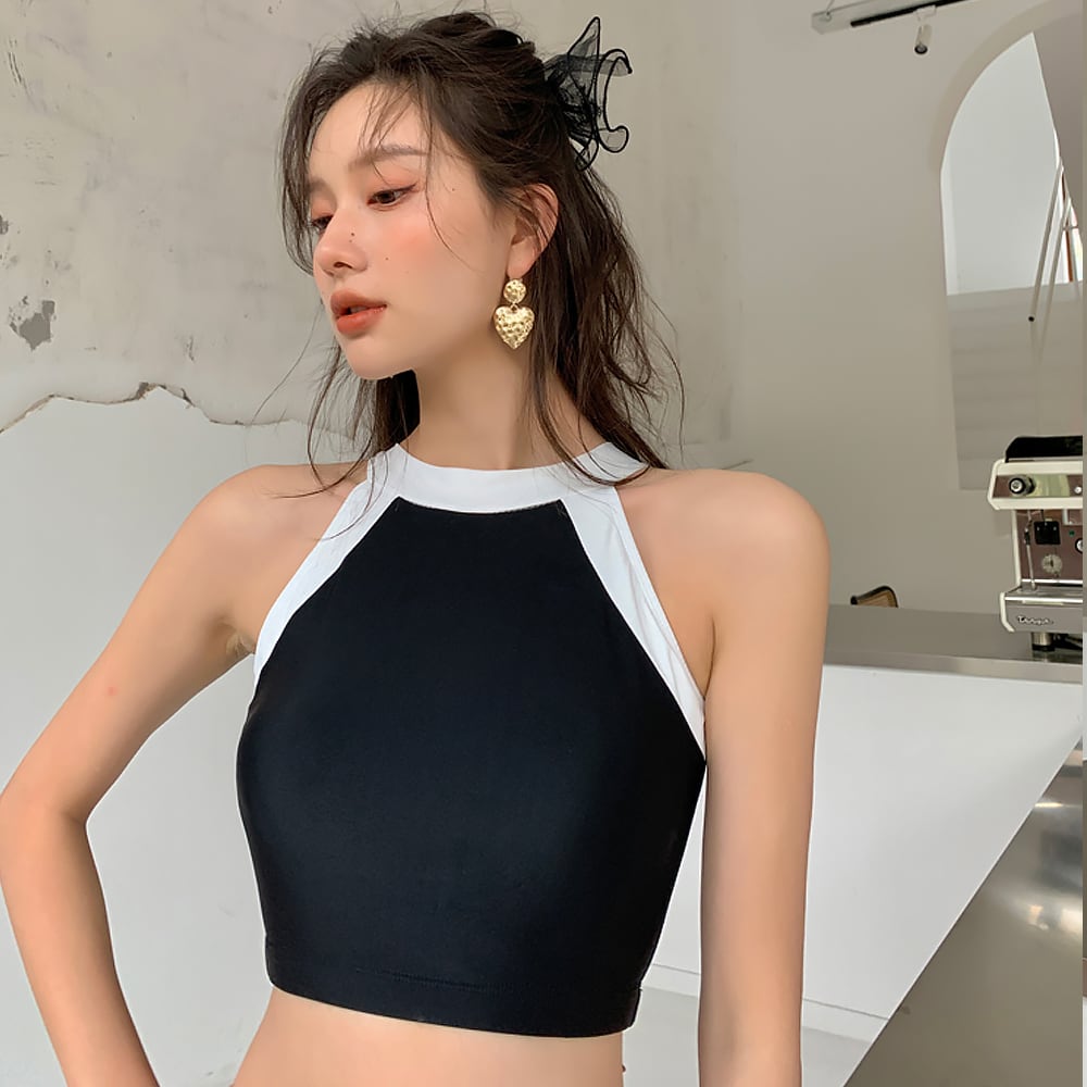 全2色 3点セット バイカラーハイネックビキニ上下+スカート水着 露出