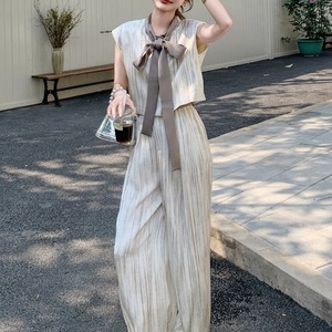 Bow tie sleeveless top & wide pants set S1923