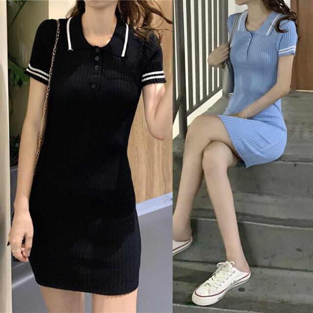 ワンピース レディース 配色 カラー ライン ニット 半袖 春夏 ミニワンピ 襟付き ブラック/パープル/ブルー/ピンク S/M/L