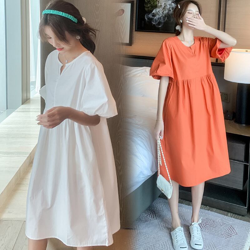 【新作】【送料無料】 マタニティウェア2020夏の新しいテンセルコットンパフスリーブドレス、トレンディな母親のミドル丈ドレス妊婦-アリババ サマー 夏物 expec298594130016