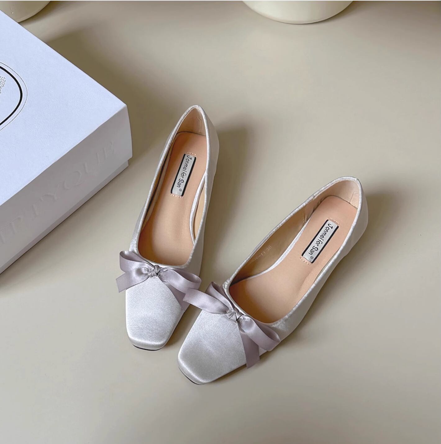 Satin Bow Single Shoes Square Flat Shoes