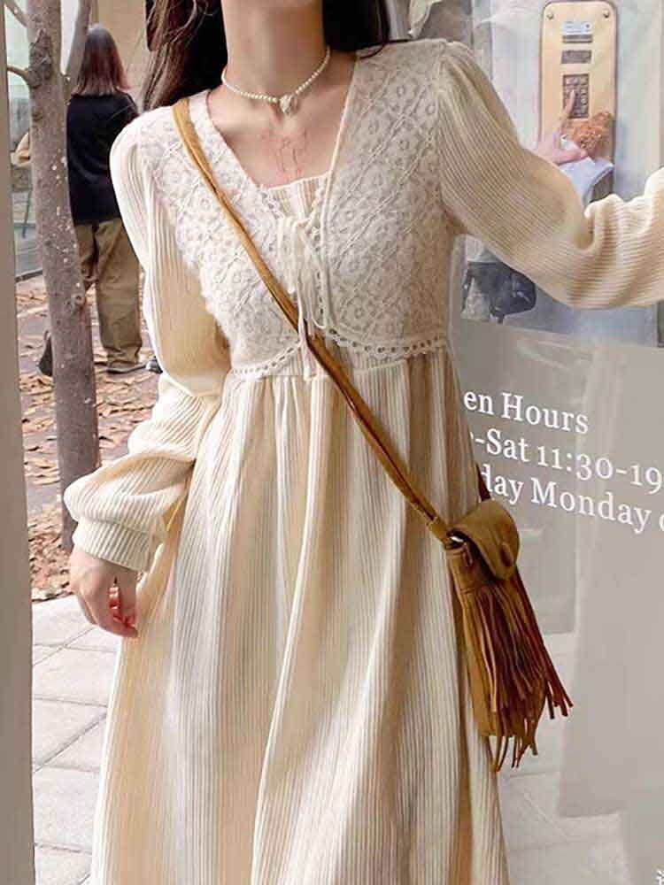 レースアップ デザインワンピース デート お出かけ フェミニン かわいい ミディアム丈 長袖 リボン レース 大きいサイズ 韓国 CH8423