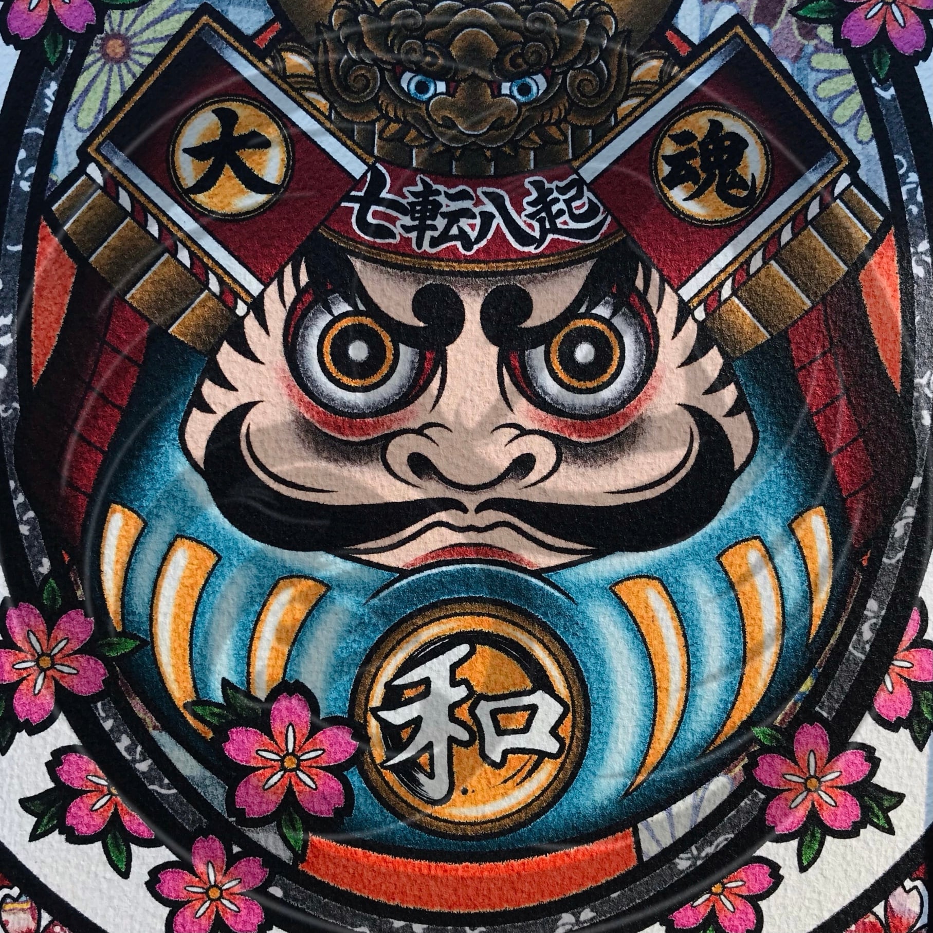 開運 刺青 ダルマ 達磨 3作品 セット A4サイズ 黒色 フレーム付き 尾九 画 武者ダルマ 大和魂 3作品セット A4サイズ フレーム付き