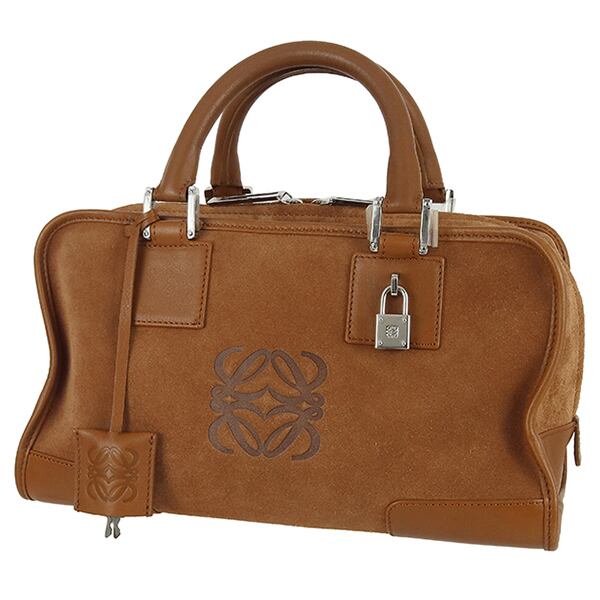 Used LOEWE ロエベ アマソナ28 ハンドバッグ スエード カーフレザー ブラウン カデナ 鍵付き LOEWE ミニボストン 中古美品