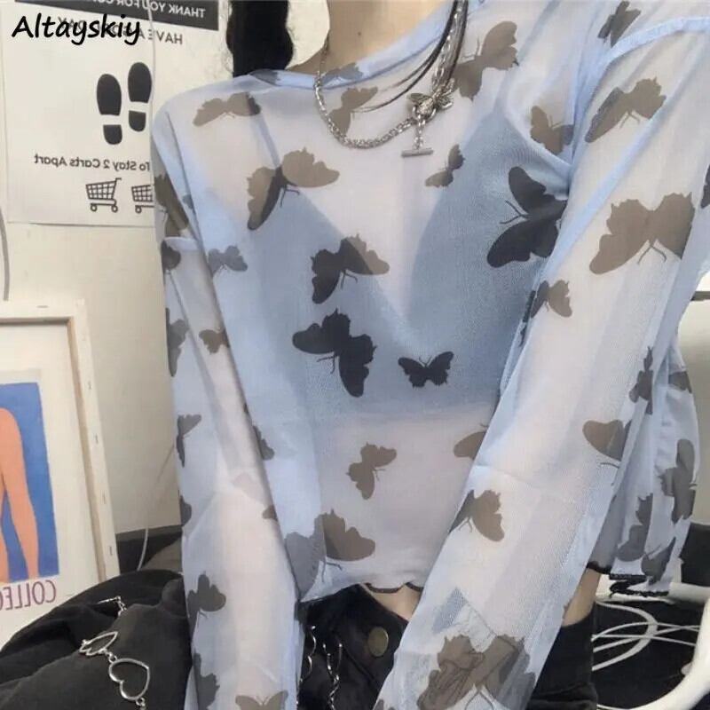 【新作】【送料無料】 メッシュ Tシャツ女性 Ins 原宿日焼け止めシースルーシックな薄い長袖クロップトップスストリートセクシーなファッション通気性の夏 0347561519757