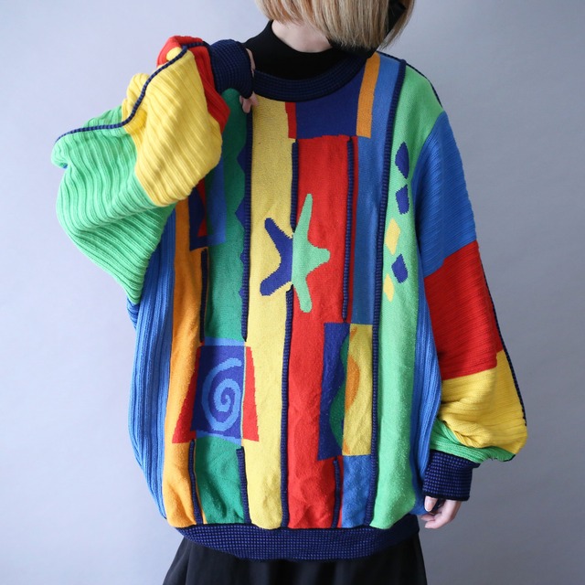 multi color crazy pattern 3D line design loose silhouette knit