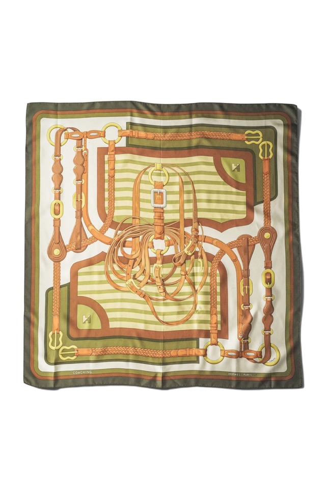 "HERMÈS" Carré 90 Silk Scarf Made in FRANCE — "COACHING" (Design by Julie Abadie / First Issued in 1976)