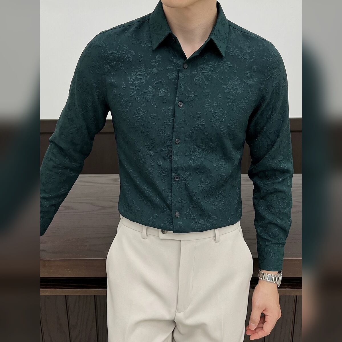 ジャカード織り レギュラーカラー 長袖 シャツ 3color KA1420