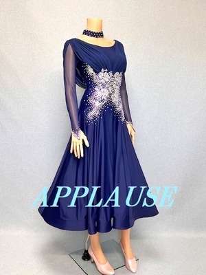 【再入荷】パーティードレス　社交ダンス ドレス　スタンダード　モダンドレス　ネイビー　M   ST-25-24  デモ・競技用ドレス　発表会衣装　パーティドレス　ワンピース　舞台衣装