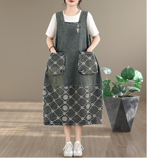 新品 大きいサイズ デニム ワンピース 春夏 ジャガード サロペットxj