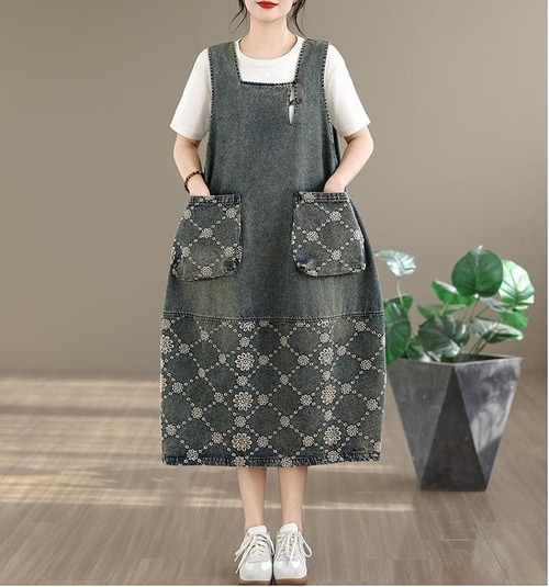 新品 大きいサイズ デニム ワンピース 春夏 ジャガード サロペットxj