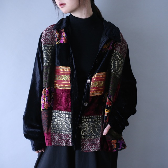 multi pattern panel switchig design box silhouette shirt jacket