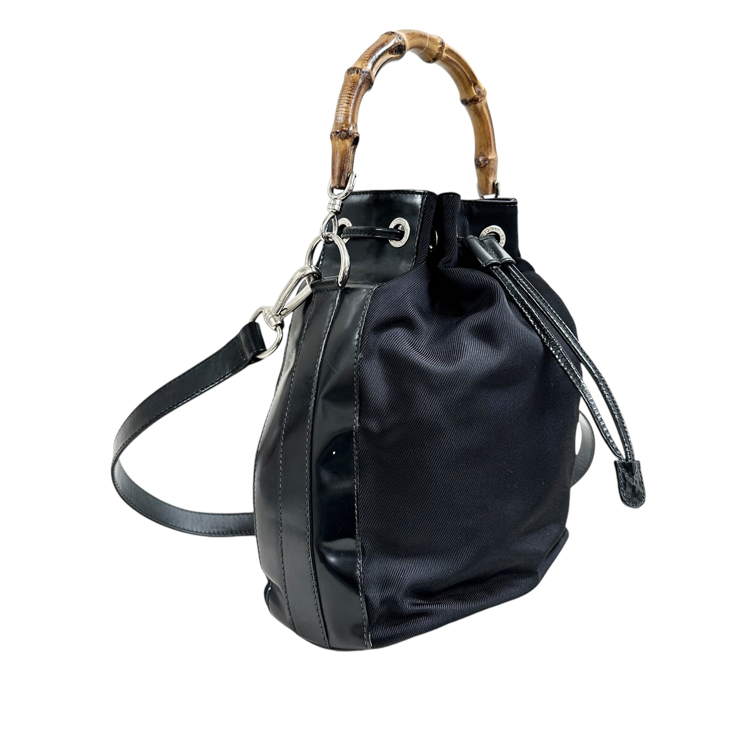 GUCCI グッチ バンブー 巾着 2WAYバッグ ナイロン×エナメル ブラック 