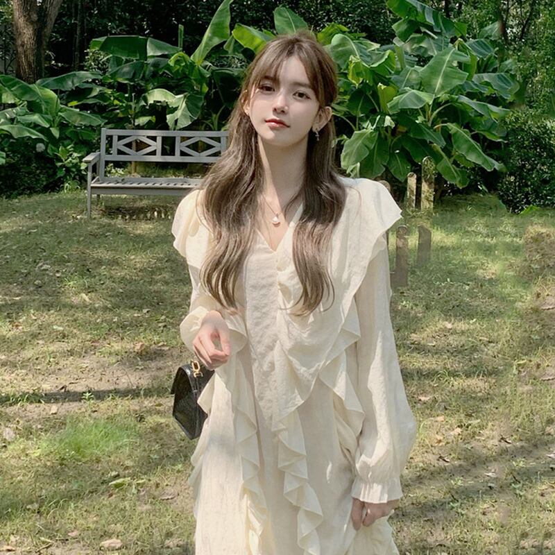 Vネックロングドレス スプリングオータムスタイルスカート 春物 秋物 試着室14765518342