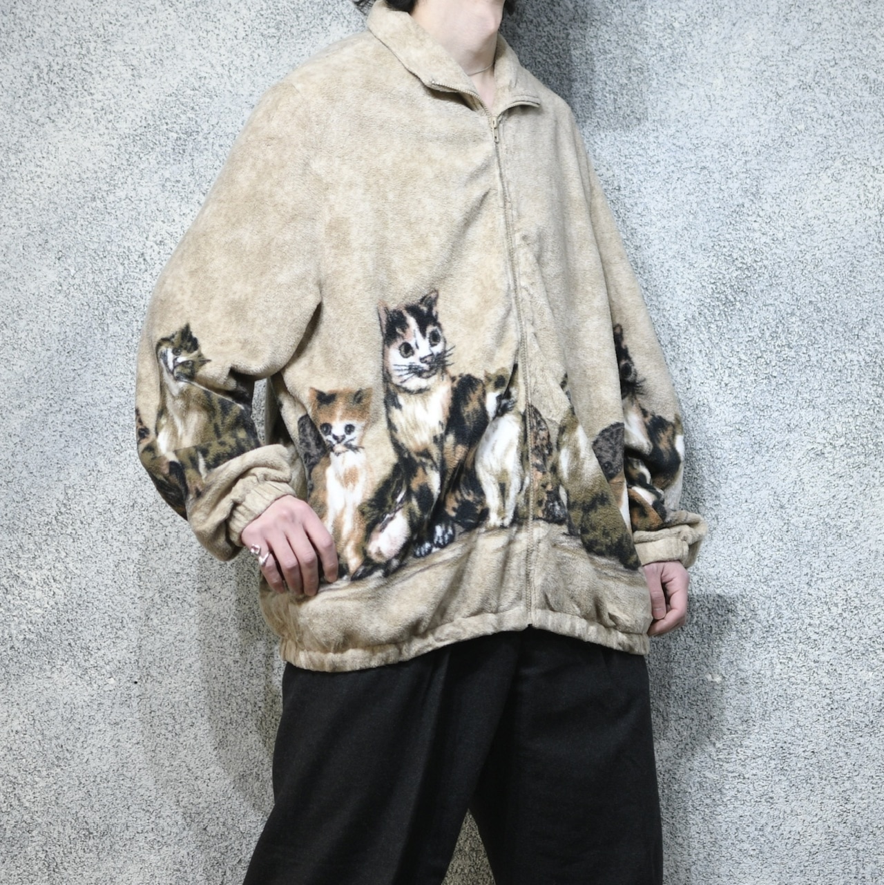 cat pattern zip up fleece