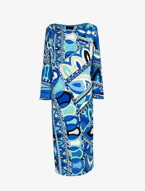 EMILIO PUCCI エミリオプッチ ブルー 柄 ロングスリーブ ドレープショルダー ワンピース