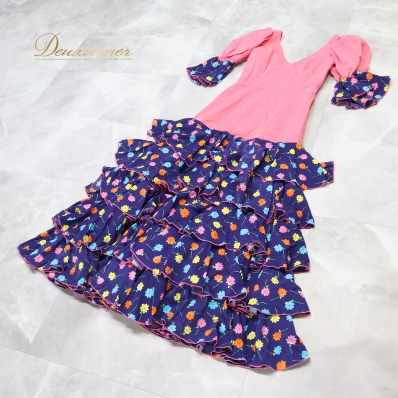 フラメンコ 衣装 ワンピース ドレス ピンク 紺 花柄 MATY ボランテ フリル レトロ ダンス 発表会 パーティ ピンク系 ネイビー系 舞台 衣裳 可愛い おしゃれ 大人用 フラメンコドレス フリルスカート ワンピーススタイル ダンス衣装 女性用 イベント