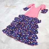 フラメンコ 衣装 ワンピース ドレス ピンク 紺 花柄 MATY ボランテ フリル レトロ ダンス 発表会 パーティ ピンク系 ネイビー系 舞台 衣裳 可愛い おしゃれ 大人用 フラメンコドレス フリルスカート ワンピーススタイル ダンス衣装 女性用 イベント