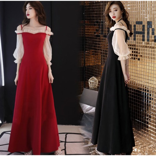 演奏会ドレス ロングドレス イブニングドレス 長袖 ハイウエスト 無地 ロングスカート 七分袖 スリムフィット フレアスリーブ Aラインスカート シンプル フェミニン エレガント 演奏会ドレス