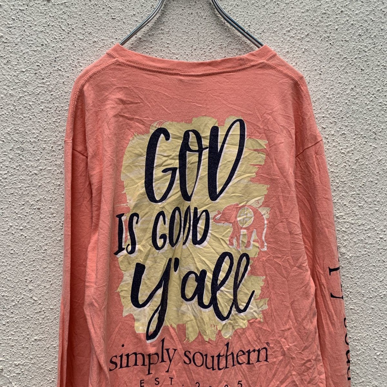 simply southern 長袖 プリント Tシャツ M サーモンピンク ロンT 古着 