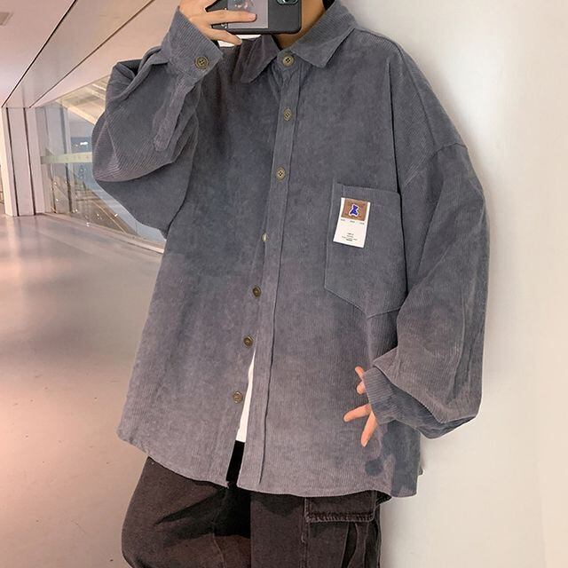 【予約販売】シャツ 長袖 コーデュロイ メンズ オーバーサイズ タグ ブラック カーキ グレー カジュアル ストリート こなれ感 お洒落 韓国 トレンド 秋冬 M/L/XL/2XL
