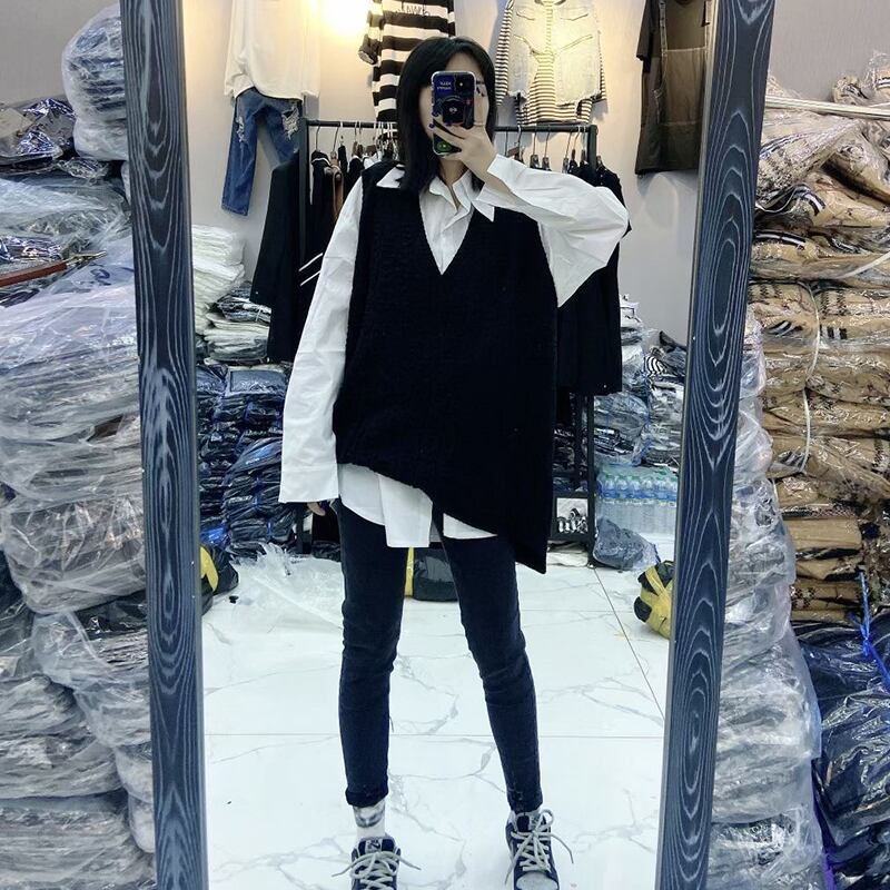 オータムルーズスリム長袖スリーブシャツ カラー ロング 大きめサイズ 秋物 ミックスインファッション98322701302