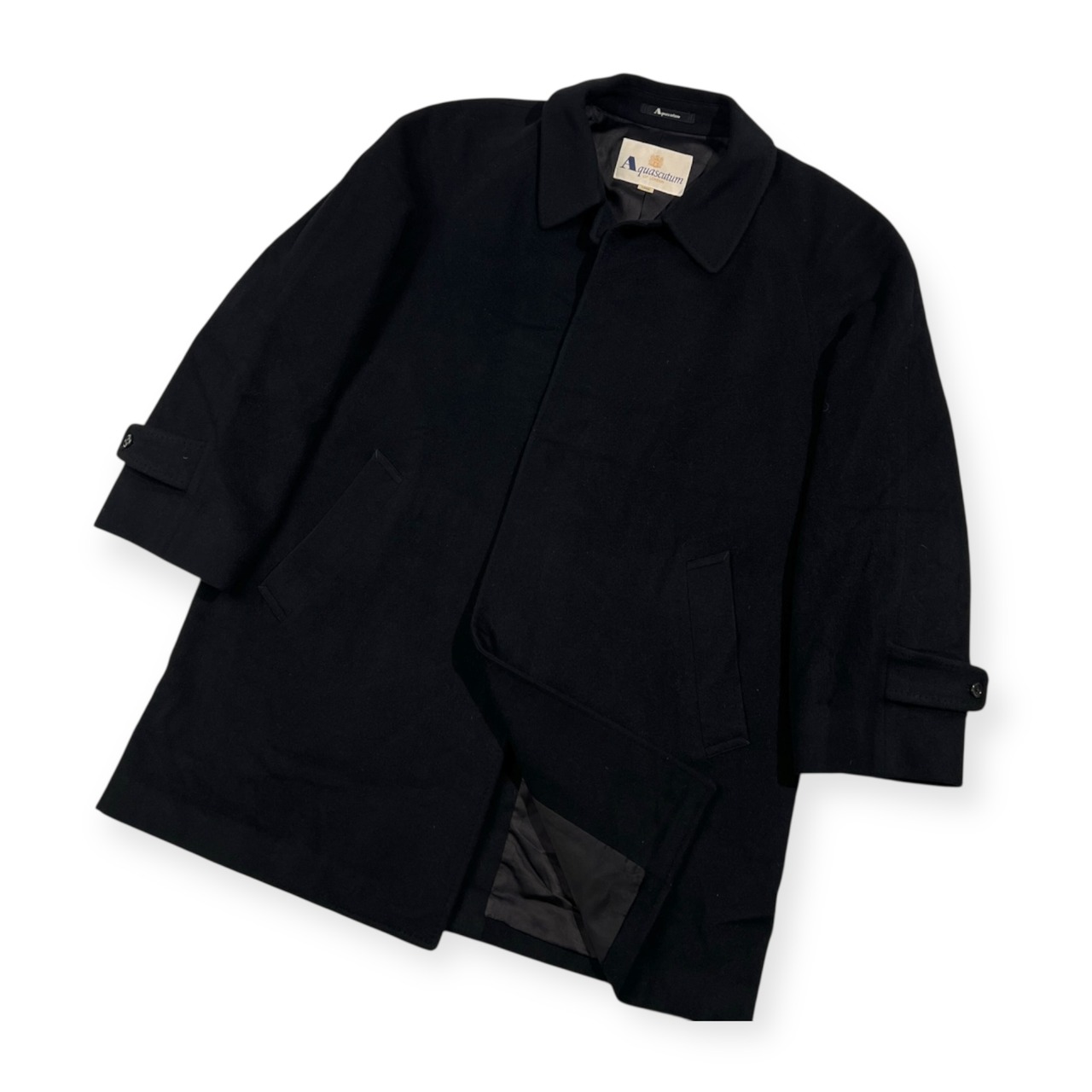 カシミヤ100% 90s Aquascutum アクアスキュータム 比翼 ステンカラーコート サイズ L /ブラック/レナウン/ビンテージ
