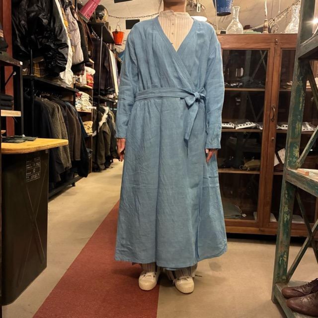ICHI Antiquites Indigo Linen Cache-Coeur Dress, Blue, Women's, Fashion, Linen　