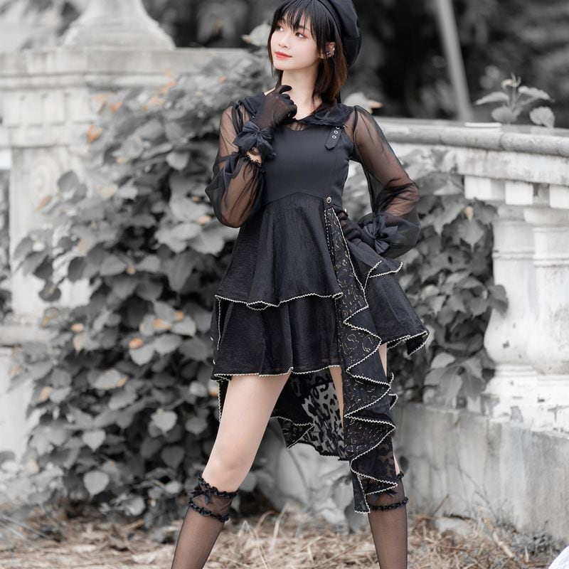 ゴスロリ通販 With U ワンピース ノースリーブ アシンメトリー ミニ丈 二段 切替え スカート ハイウエスト ストリート系 ゴージャス ゴスロリ パンク系 ベルト ゴスロリ服 病み服