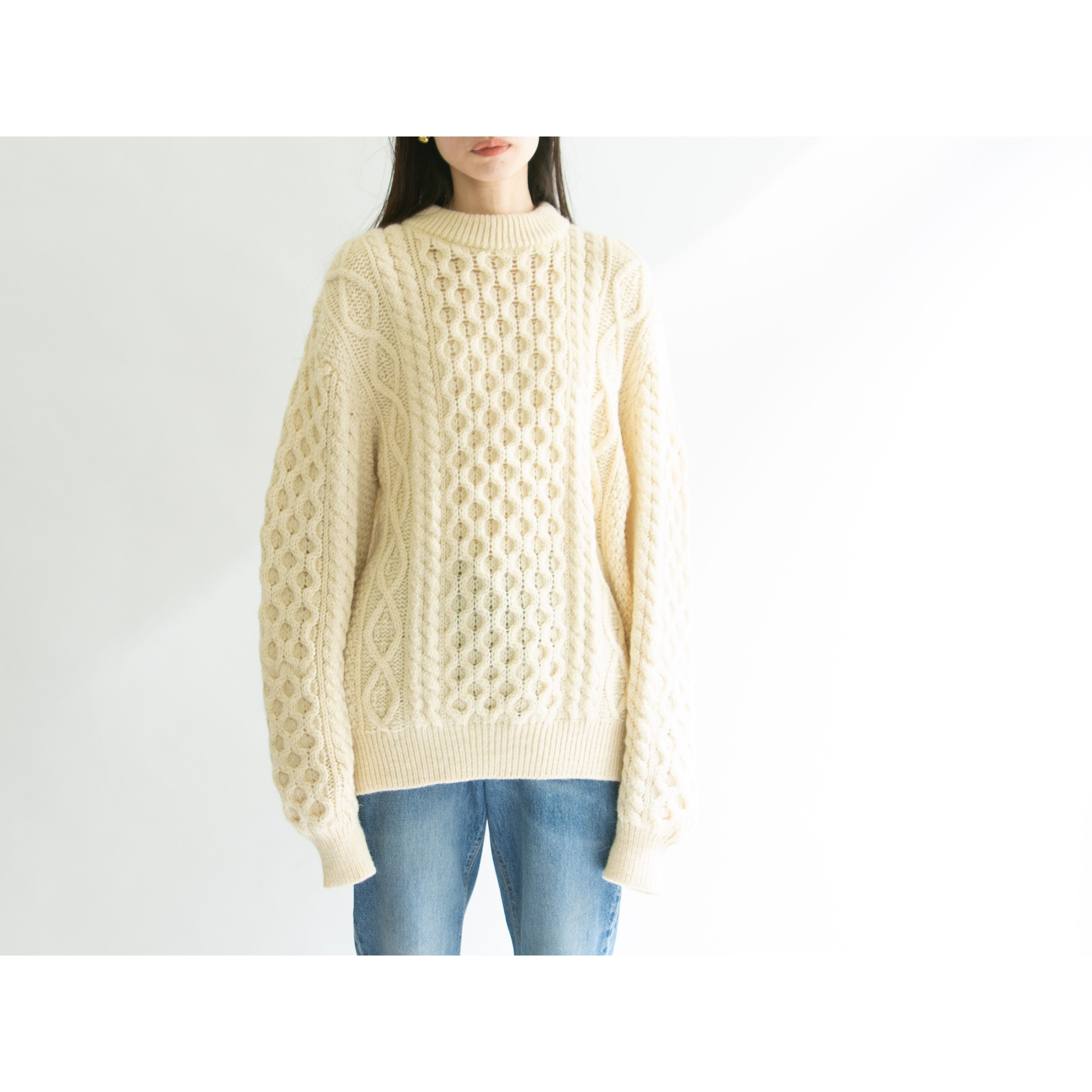 【Niffi】Made in England 100% wool Aran sweater(ニッフィ 英国製 ウールアランセーター クルーネックケーブルニット)12a