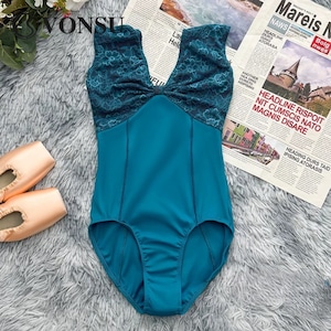 レースリボン キャップスリーブ バレエレオタード(ピーコック)