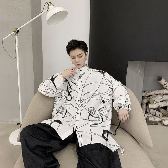 【予約販売】シャツ 長袖 メンズ サイケ ロング丈 モノトーン ブラック ホワイト レトロ シック こなれ感 お洒落 エレガント 韓国 トレンド 春