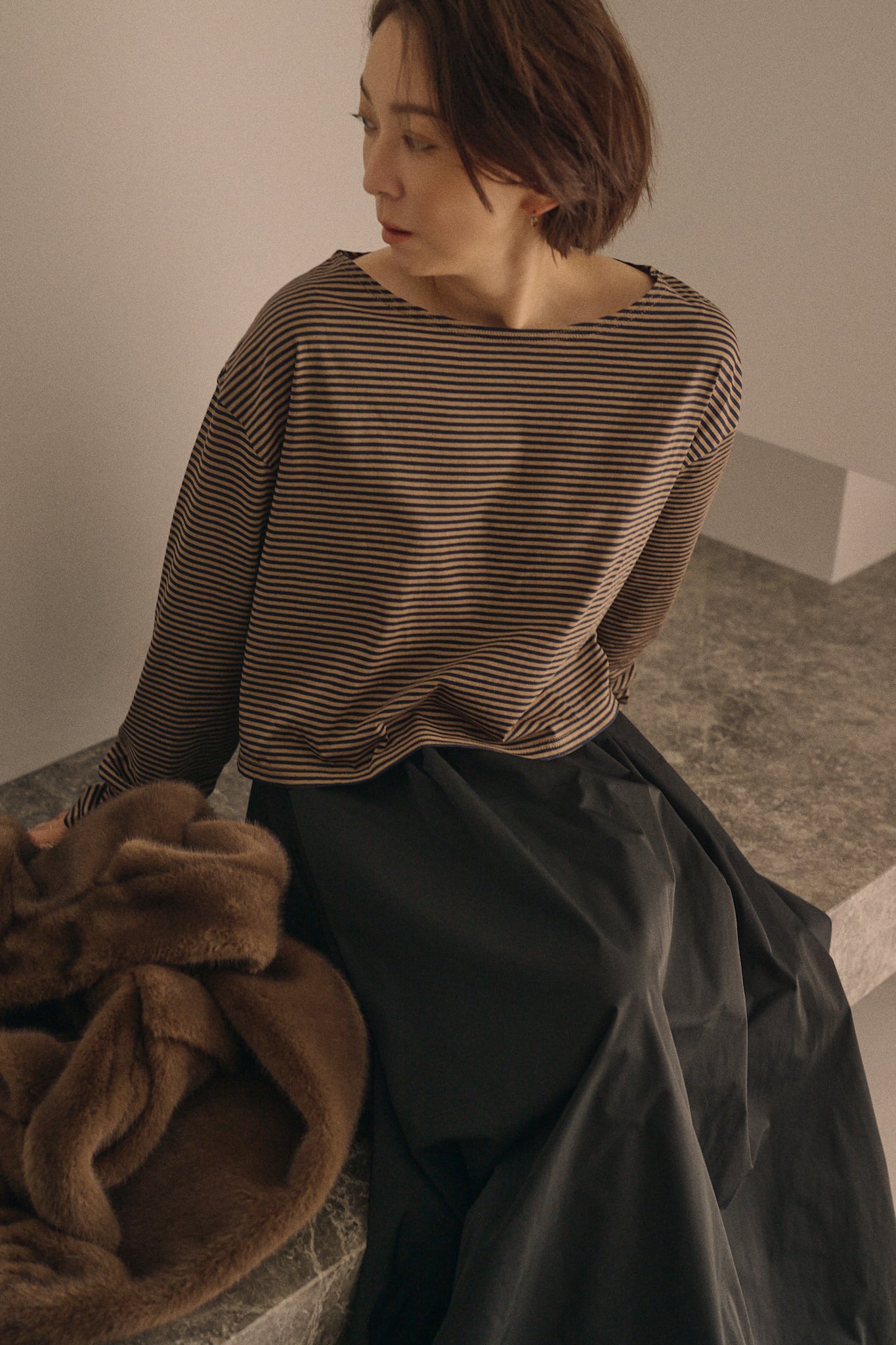 meravel Simple Boat Neck Tee ブラック ミーラベル Border Boat Neck Tee | meravel