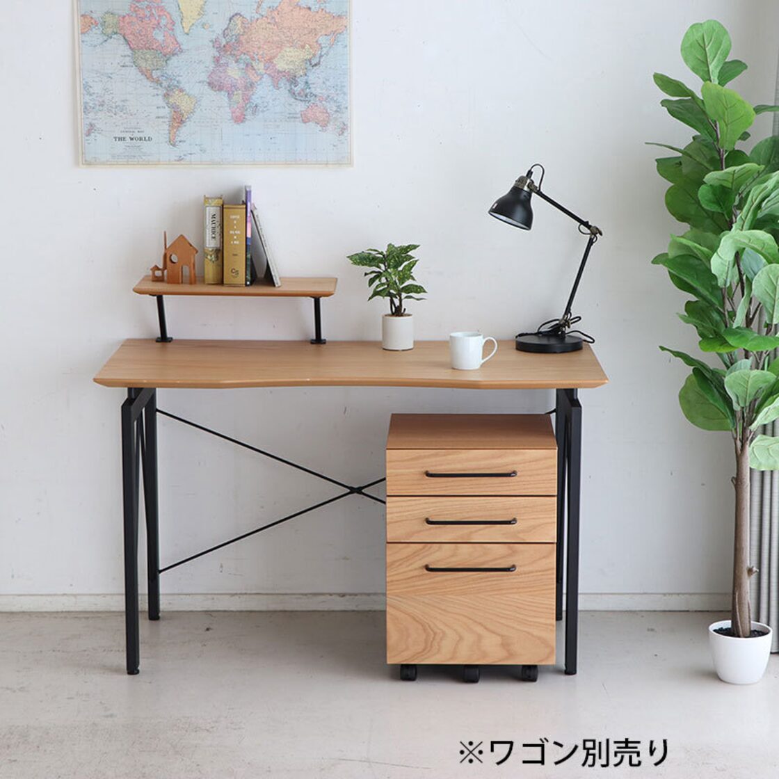 シンプルワークデスク ナチュラルなオーク天板 棚付き 幅120cm 