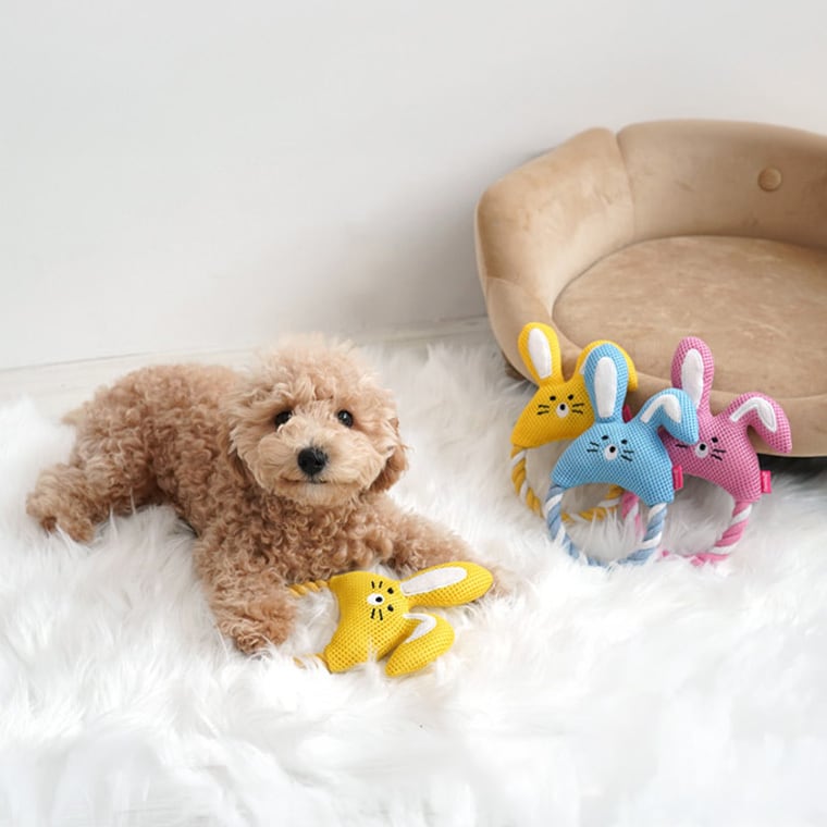 rabbit mesh rope toy 3color / 犬 おもちゃ ロープ トイ 噛む 音が鳴る 鳴き笛入り 可愛い 犬用おもちゃ ストレス解消 遊び 留守 韓国 ペット用品 小型犬 中型犬
