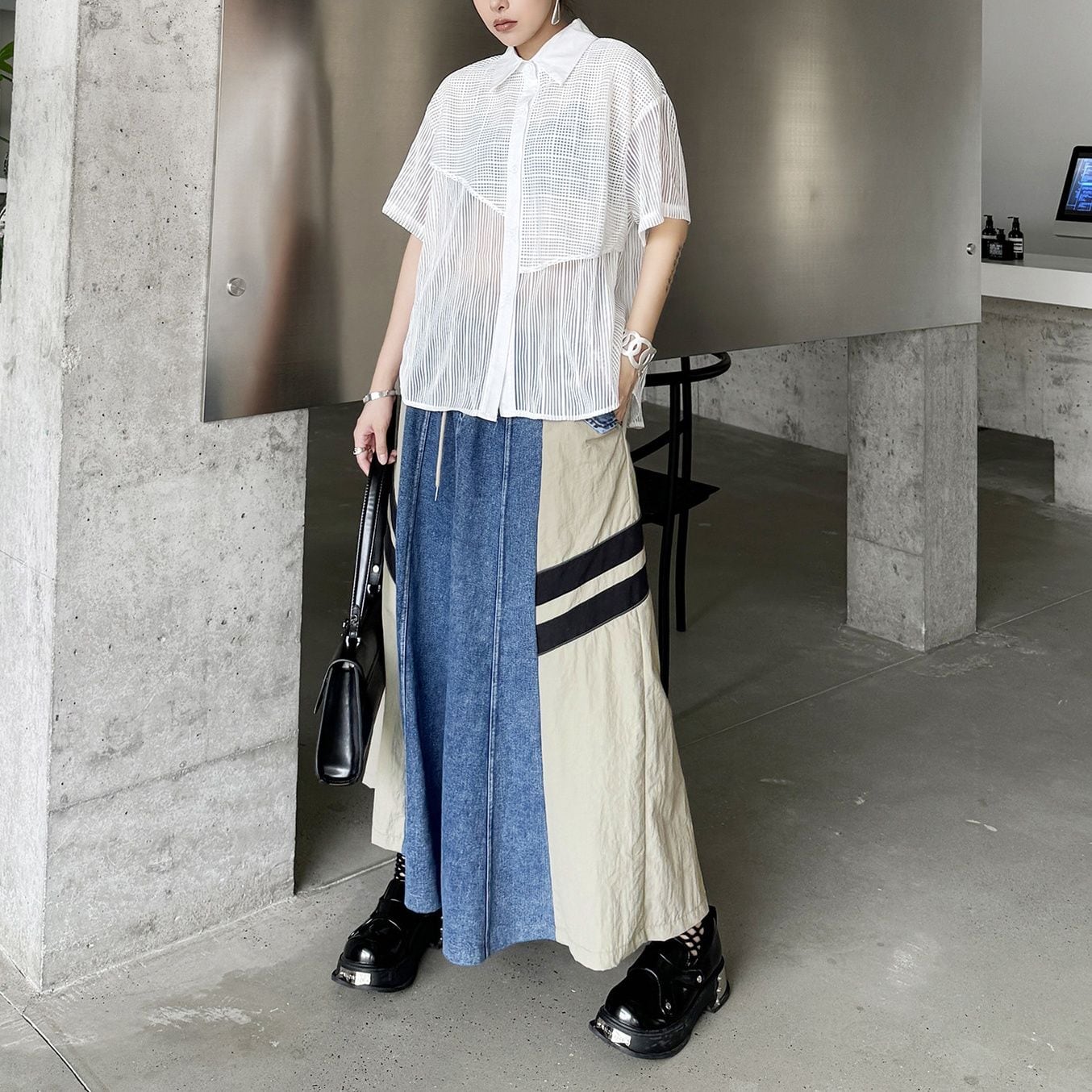 DRAWSTRING WAIST A-LINE DENIM STITCH LONG SKIRT 2colors M-11821