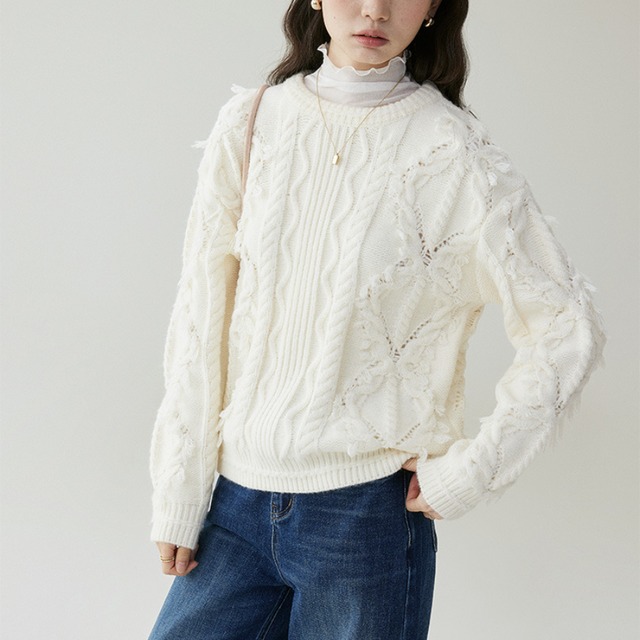 round-neck fringe knit　J00387