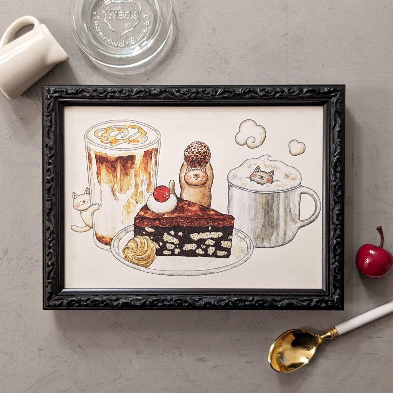 ユーモアイラスト　切り貼り絵　「カフェデート」額付 2L 猫とコーヒーブレイク アートプリント/イラスト複製画 | Cashew fafa