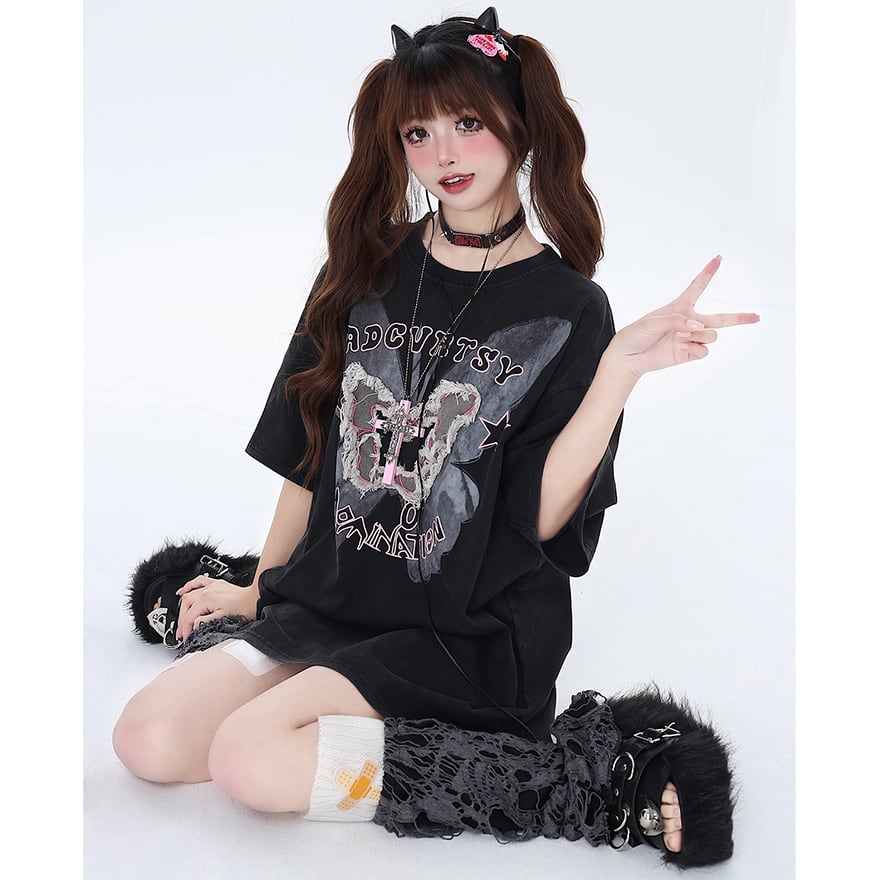 CRAZYGIRL 半袖Tシャツ バタフライ イラストプリント クルーネック