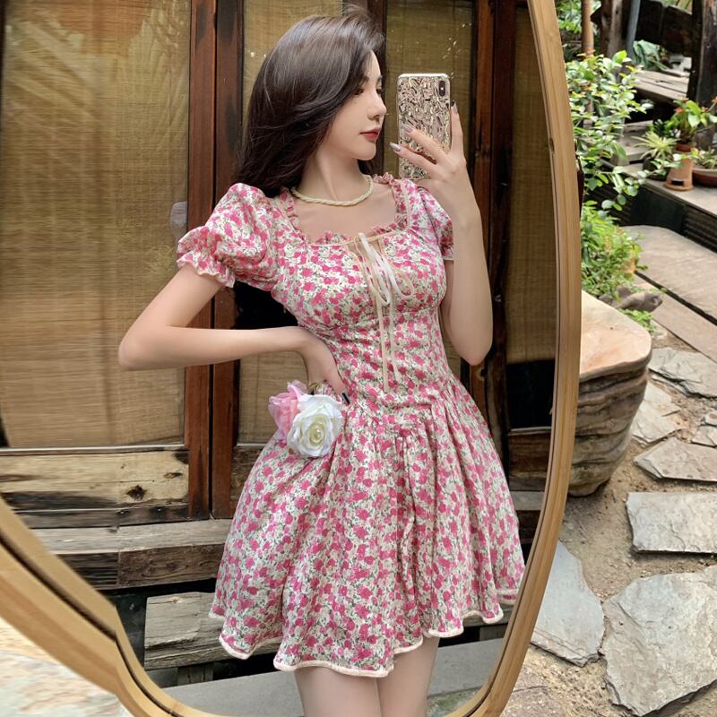 スリーブウェスト薄手フローラルドレス レース 大人ガーリー スウィート キュート カジュアル 花柄 レースアップ スクウェア ハンチェンe23708569005