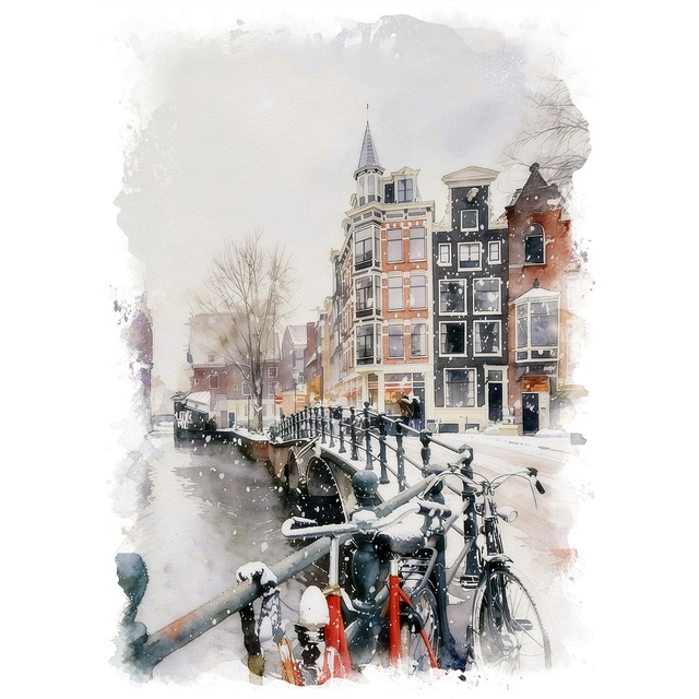 絵画 風景画(街並み) 冬 雪のオランダ アムステルダム インテリアアート額付き 水彩画・油絵調 WAT0610