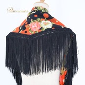 【美品 フラメンコ衣装】レッド シージョ ピキージョ フレコ 朱色 ブラック 黒 水玉 花柄 フリンジ トライアングル 柄 模様