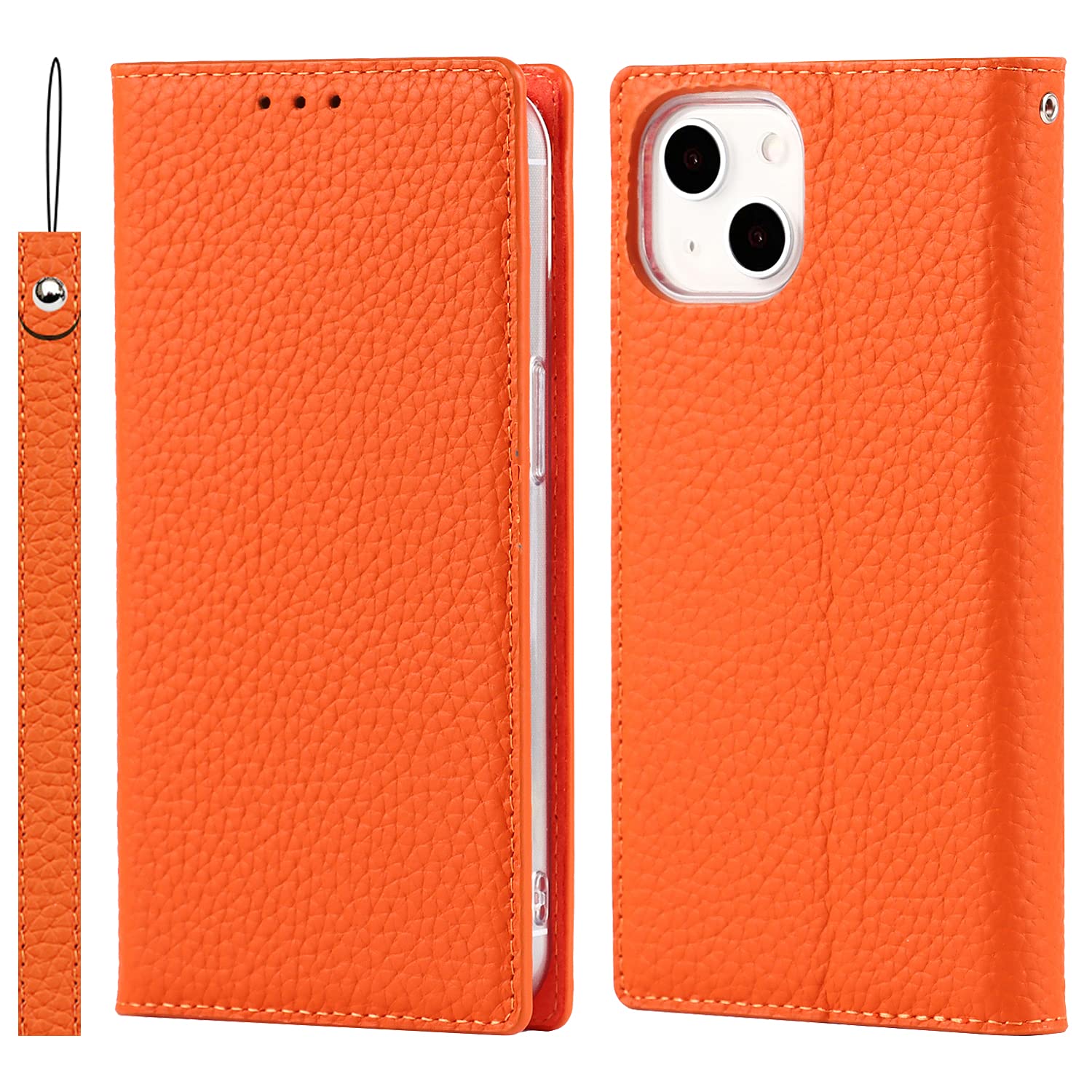 Elick iPhone 13 適用 ケース 手帳型 高級牛革 アイフォン 13 ケース 手帳型 本革 マグネット式 スタンド機能 カード収納 ストラップ付き iPhone 13 手帳型 ケース カバー オレンジ