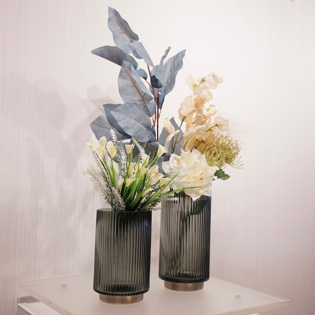 輸入品 フラワーベース 2個セット ガラス 造花付き 花瓶 オブジェ インテリア 雑貨 小物 北欧 モダン